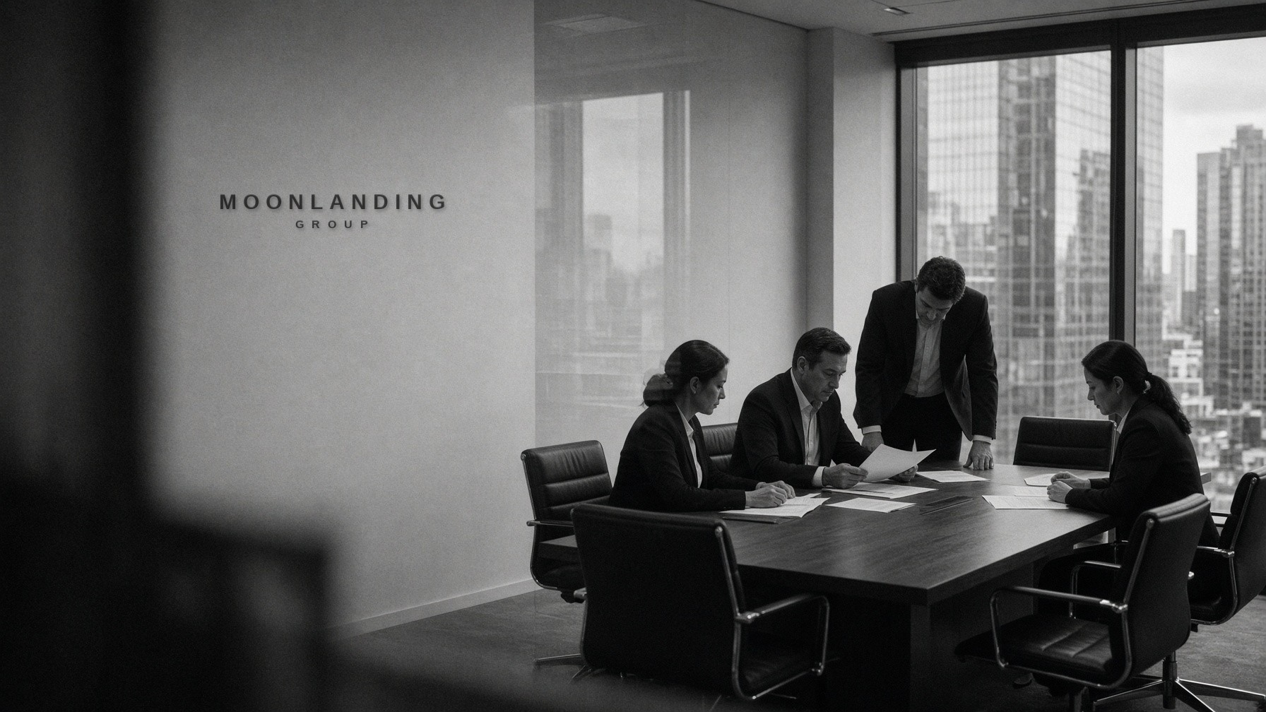 A corporate meeting at Moonlanding Group, with the name on the wall.